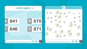 Screenshot of a dyslexia-friendly learning app with A–D choices, letters, and playback control on a light blue interface.