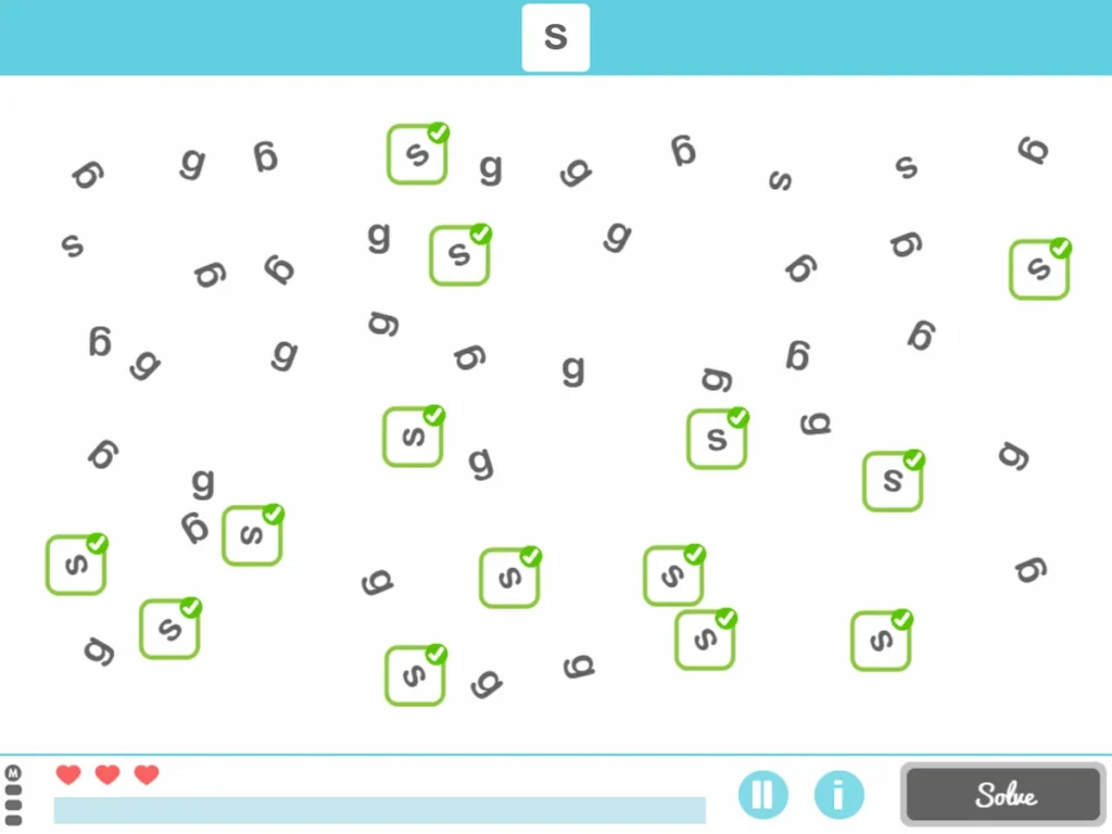 Rotated letters activity visual by NeuronUP showing letters at angles to aid dyslexia literacy practice.