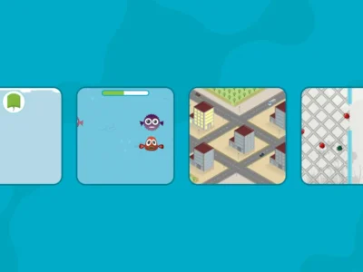 Four-panel game interface showing a menu icon, underwater scene, city scene, and snowy scene with red dots for rehab.