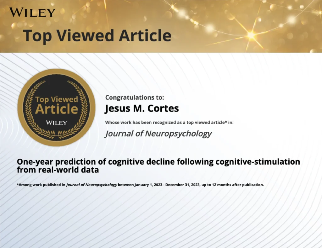 Wiley Top Viewed Article Jesús Cortés — The NeuronUP study that anticipates cognitive decline receives a prestigious international recognition