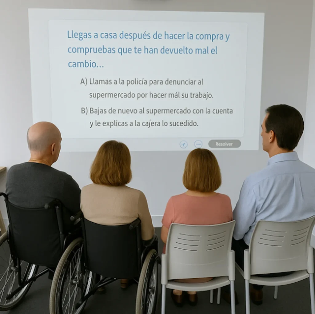 Group of day-center participants around tables using tablets to access NeuronUP cognitive therapy during a group session.