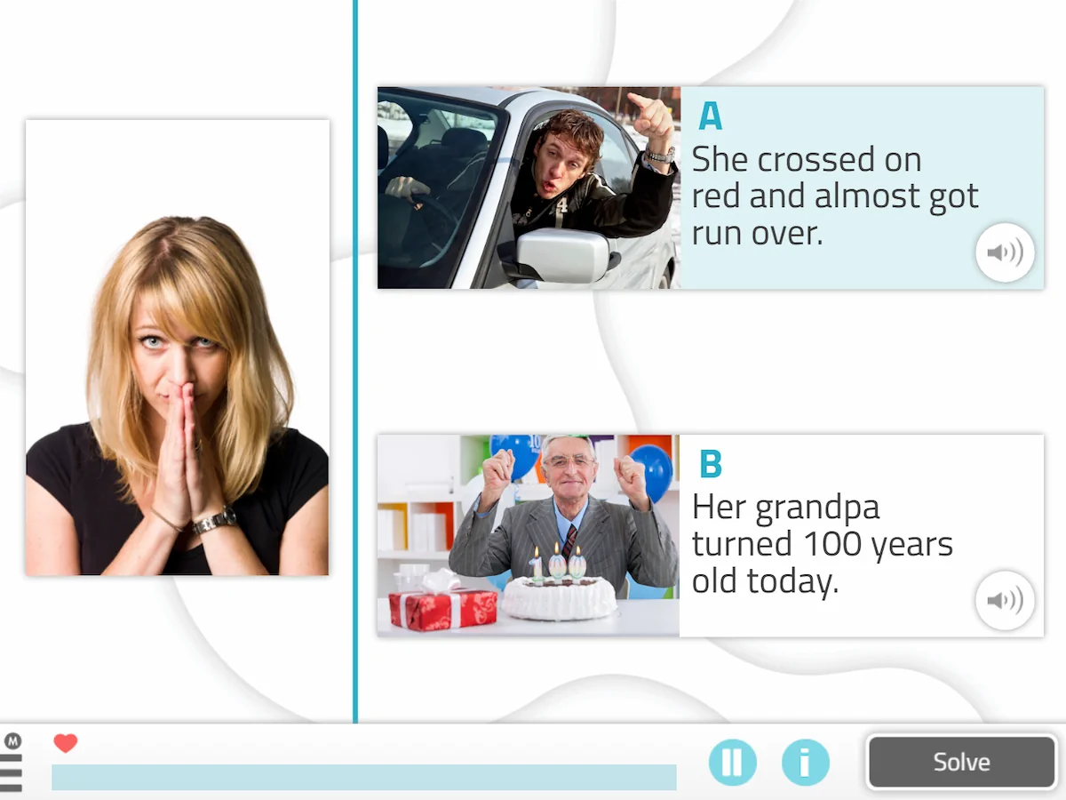 Two-panel NeuronUP activity: Panel A shows a worried woman after crossing on red; Panel B celebrates a 100th birthday.