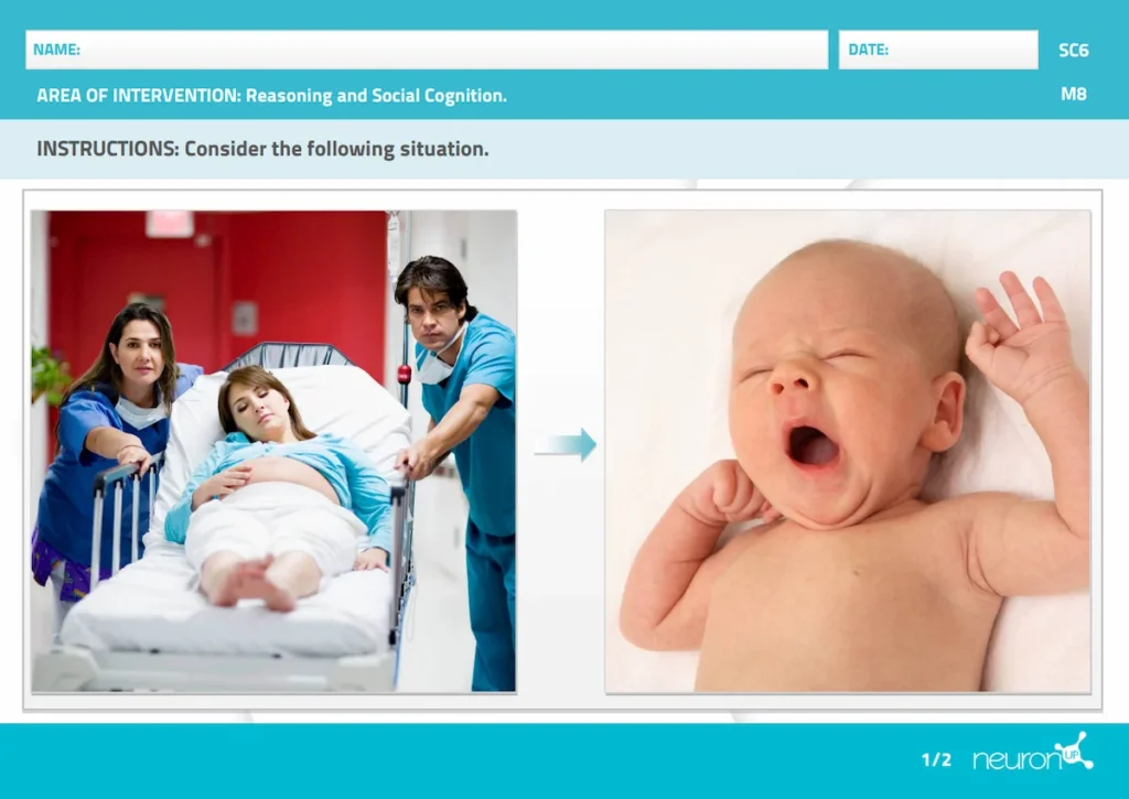 Two-panel NeuronUP interface: left scene shows a labor/postpartum patient with healthcare professionals; right panel features a yawning newborn, illustrating internal states tasks in the dashboard.