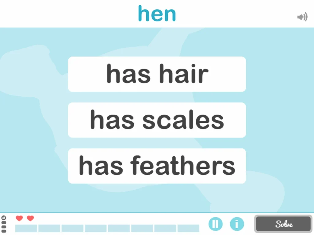 NeuronUP screenshot of What is Each Thing Like: hen with options has hair, scales, feathers on a light blue interface.