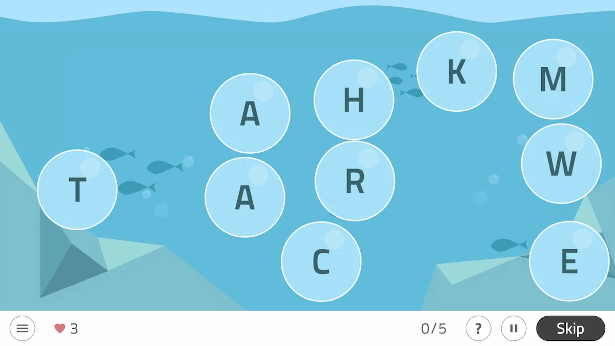 NeuronUP activity for forming words on an underwater background, with bubbles showing the letters C, O, S, and M, fish, a heart counter, and a Finish button (1/5).