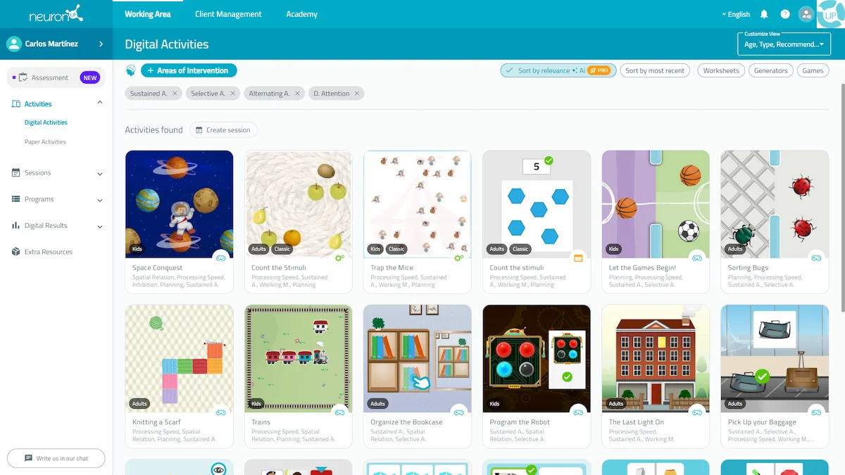 Application interface. NeuronUP activities for Attention