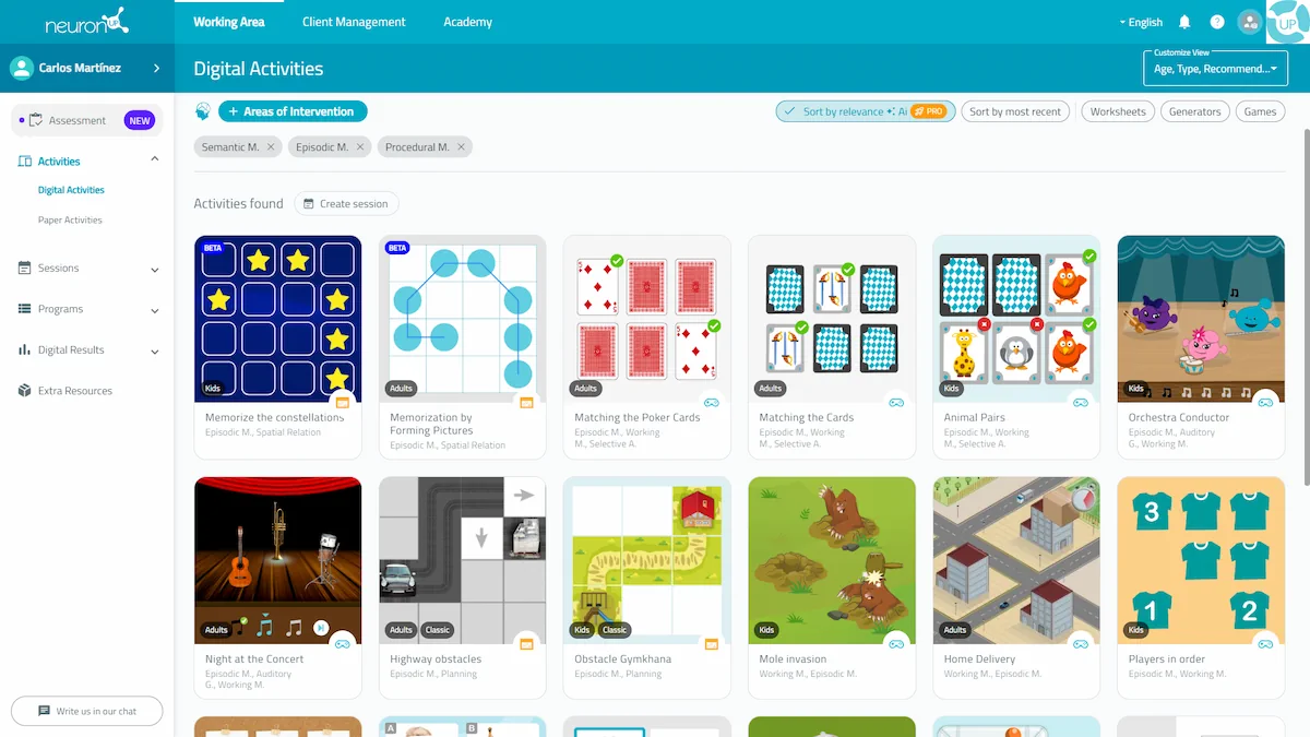 Application interface. NeuronUP activities for Memory