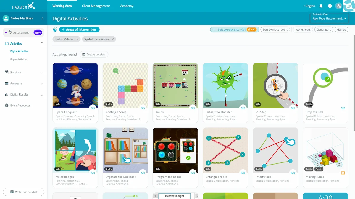 Application interface. NeuronUP activities for Visuospacial Skills