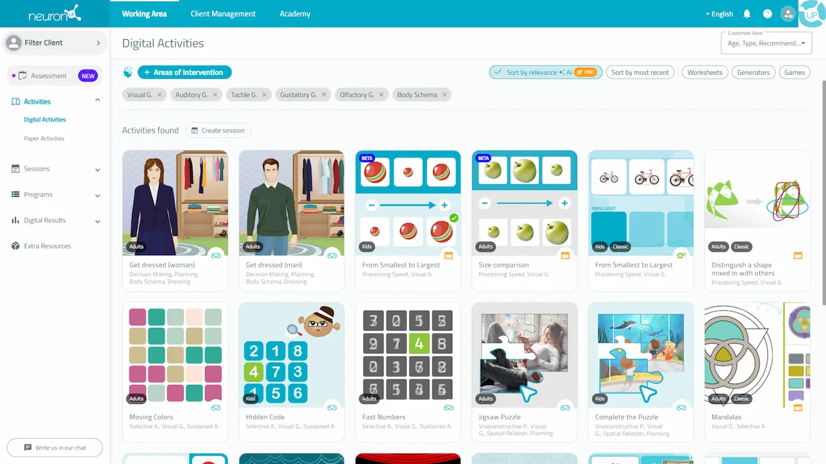 Application interface. NeuronUP activities for gnosis
