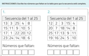 Sustained attention worksheet: two tables with sequences from 1 to 25, with missing numbers to complete.