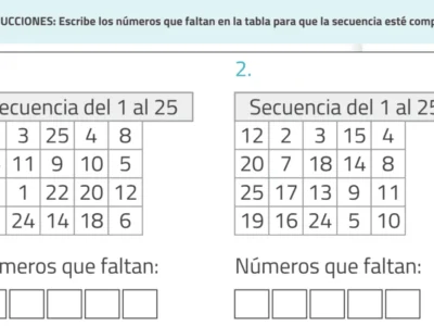 Sustained attention worksheet: two tables with sequences from 1 to 25, with missing numbers to complete.