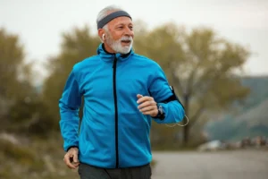 Illustration of an older man running outdoors beside a brain, depicting physical activity and preclinical Alzheimer’s disease.