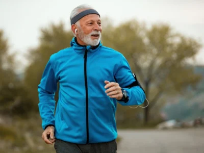 Illustration of an older man running outdoors beside a brain, depicting physical activity and preclinical Alzheimer’s disease.