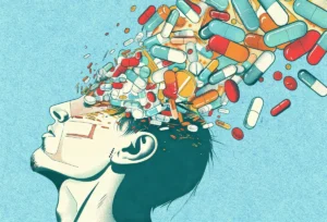 Silhouette of a man with his head tilted downward; pills of various sizes and colors emerge from his skull against a blue background.