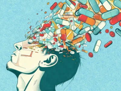 Silhouette of a man with his head tilted downward; pills of various sizes and colors emerge from his skull against a blue background.