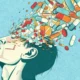 Silhouette of a man with his head tilted downward; pills of various sizes and colors emerge from his skull against a blue background.