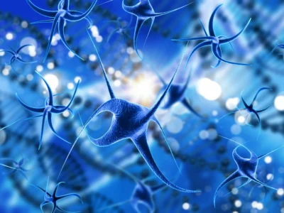 Stylized illustration of a brain surrounded by neuropsychological test icons and chemotherapy symbols, CRCI.
