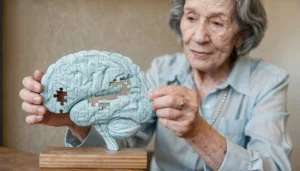 Older woman holding a brain-shaped puzzle and trying to fit a piece, highlighting brain connectivity.