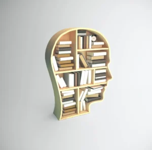 Profile-shaped bookshelf filled with books and a clock, featuring a modern design on a light background.