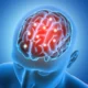3D representation of a human brain in red and blue, with illuminated areas and assessment icons connected to TBI and diaschisis.