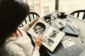 Person sitting at a table looking at a black-and-white photo album, surrounded by notebooks, loose photographs, and a camera.