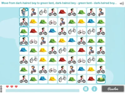 Screenshot of Animated Maze at the advanced level: dynamic maze, possible routes, game icons, and a heart-based scoring system.