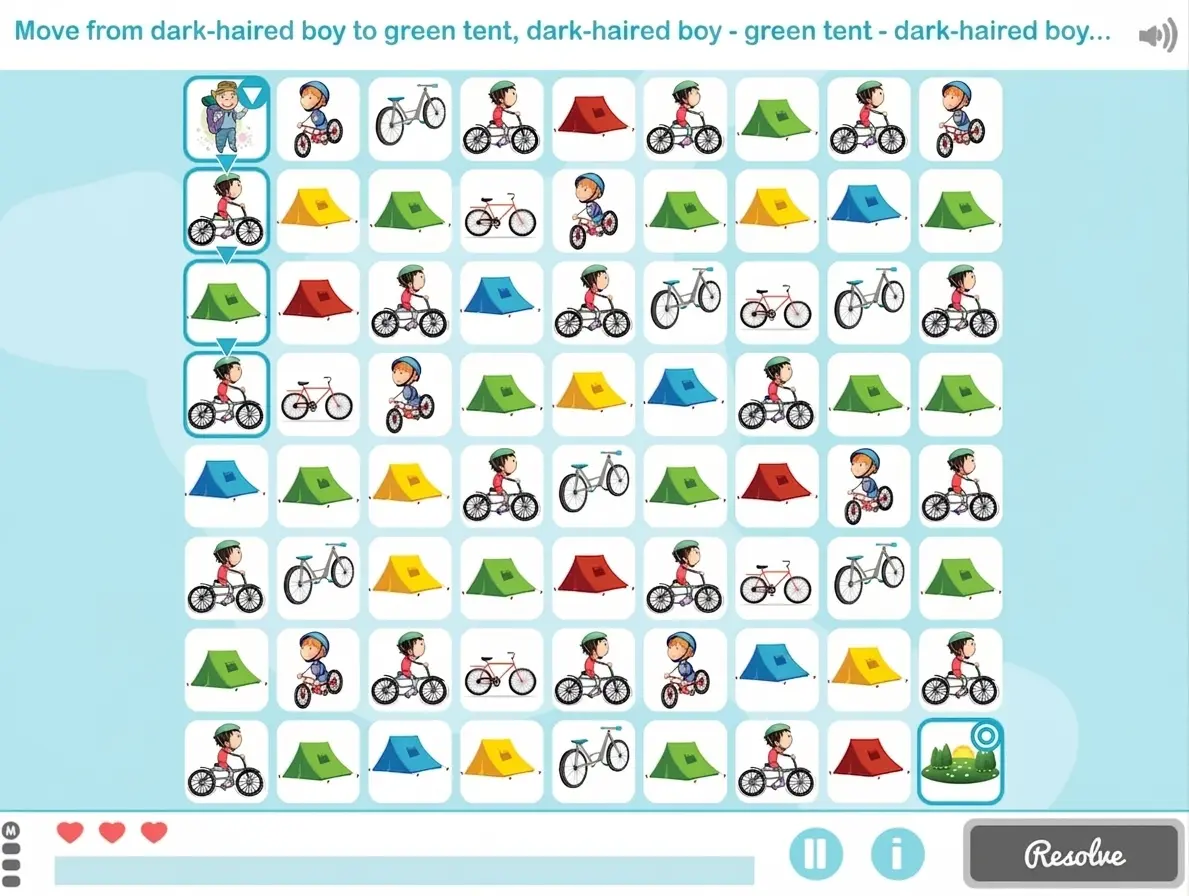 Screenshot of Animated Maze at the advanced level: dynamic maze, possible routes, game icons, and a heart-based scoring system.