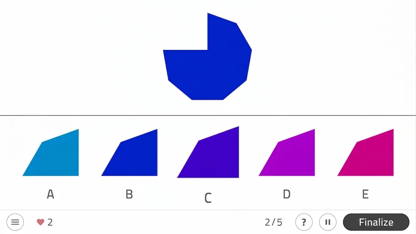 Irregular blue shape at the top with five shapes labeled A–E in blue and purple tones below, Color Match in NeuronUP.