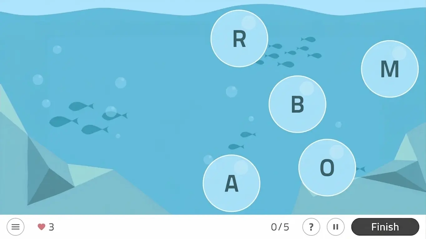 NeuronUP interface with a marine theme: bubbles containing the letters R, B, O, and M, a light blue background, fish, and a Finish button.