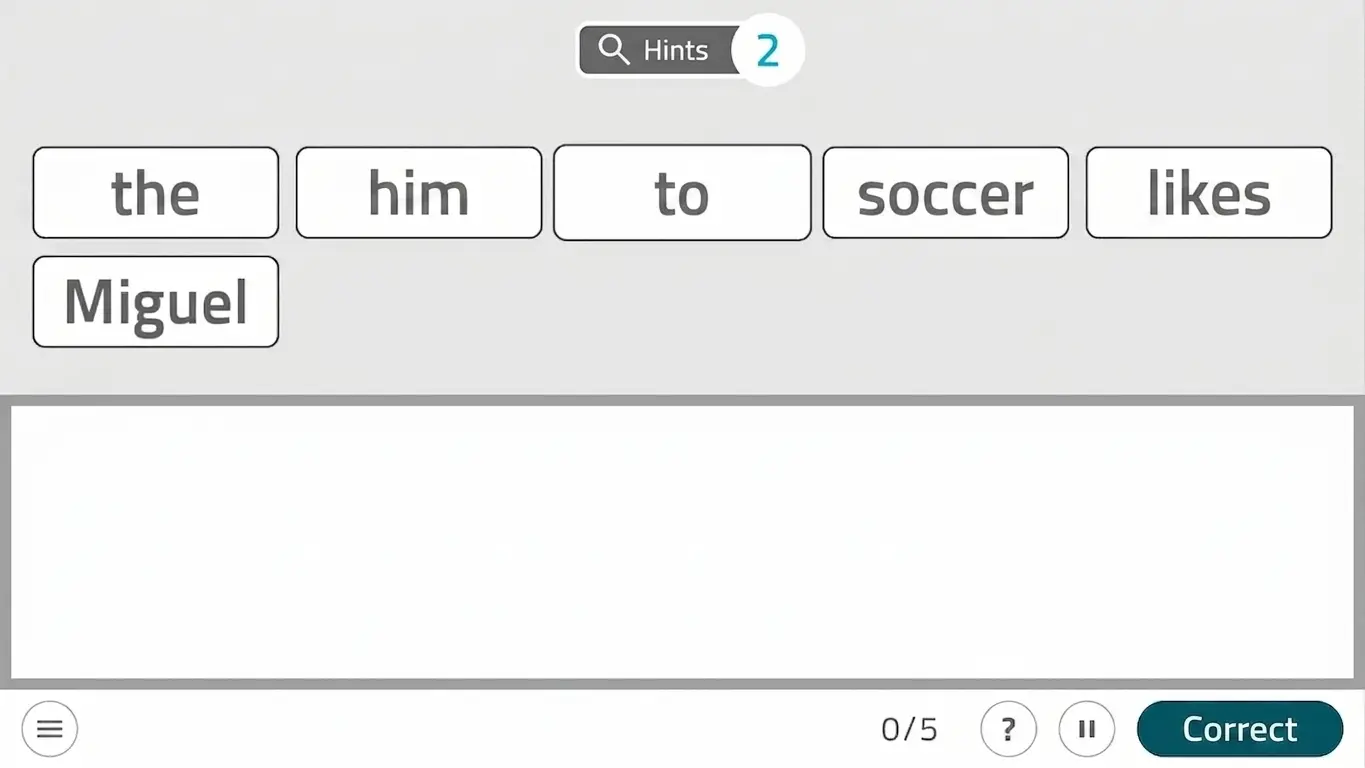 NeuronUP interface for a language task: visible words ('el,' 'le,' 'a,' 'Miguel') used to form a sentence.