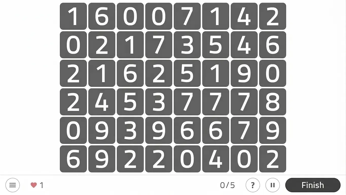 NeuronUP interface with a 6x6 grid of numbers 0–9, a heart icon and counter, and a Finish button in the corner.