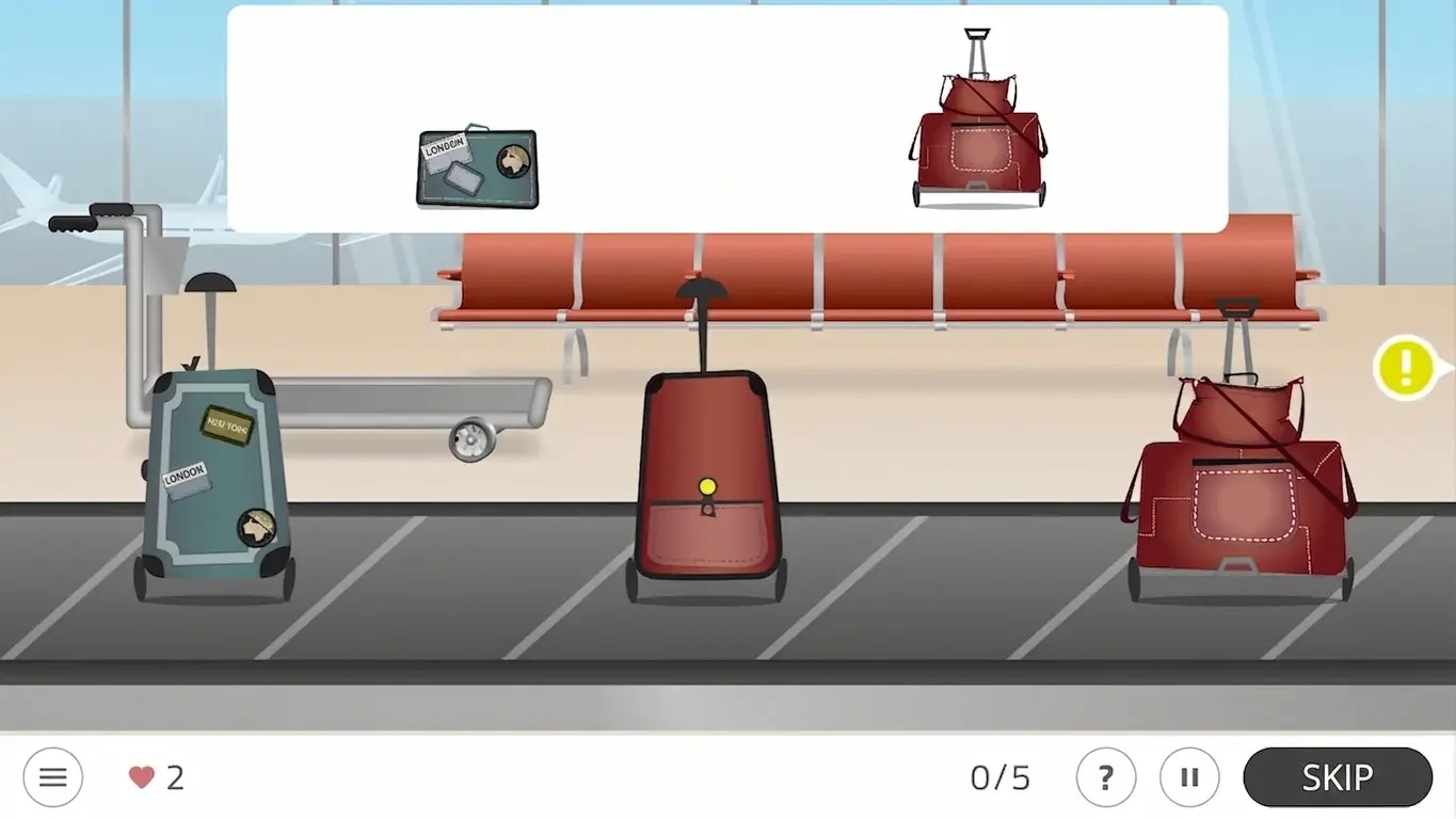 Airport scene with a baggage conveyor belt, several suitcases (green and red), and a cart; the NeuronUP interface displays a luggage-collection task on a tablet.