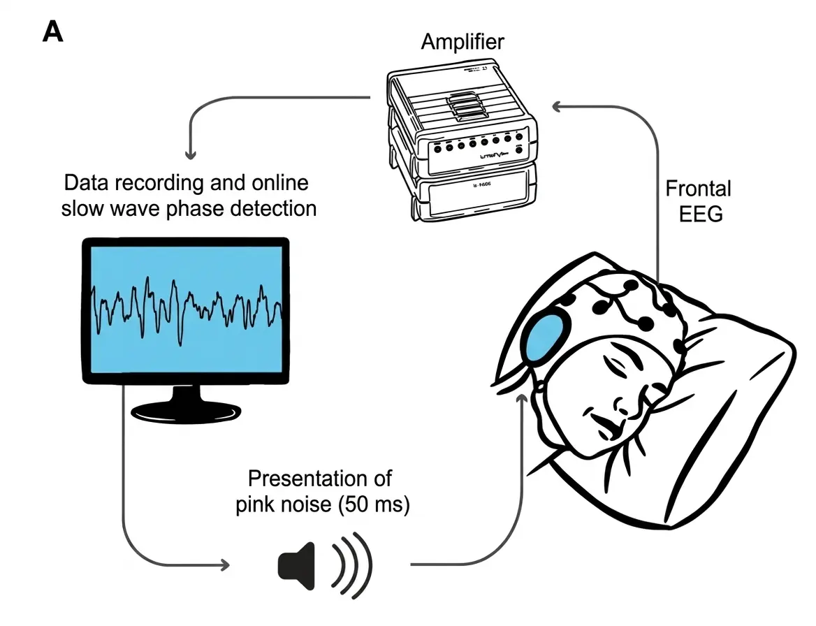 Diagram of auditory stimulation synchronized with the slow waves of sleep.