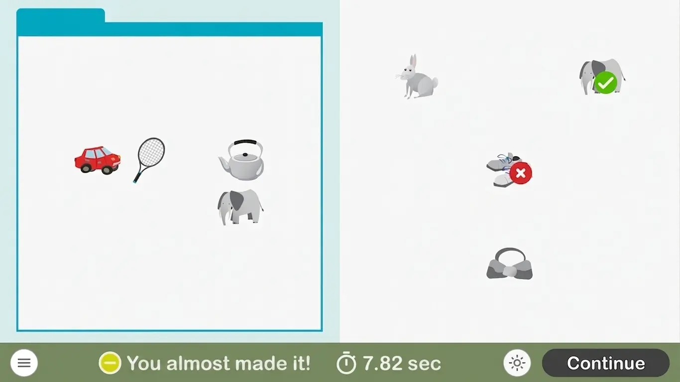NeuronUP Find the Double game screen with cards for matching pairs, a timer, and correct/incorrect signals.