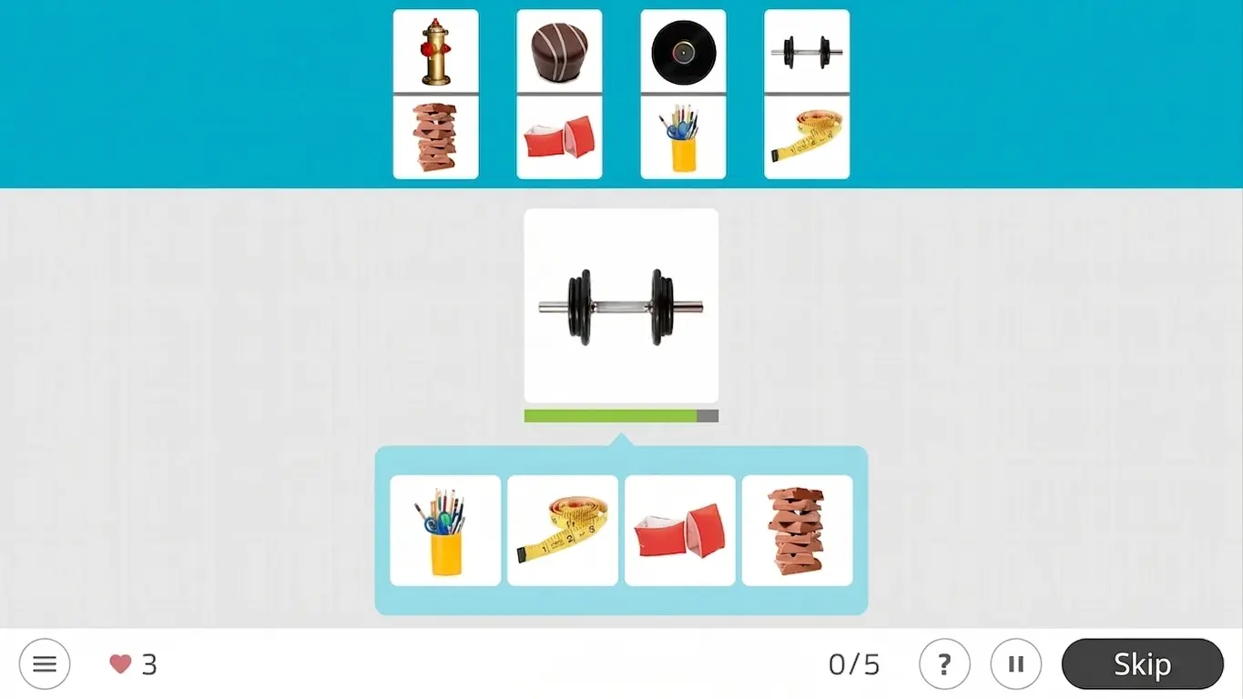 NeuronUP Fast Partners game interface with cards, a timer, and a score, centered on a dumbbell.