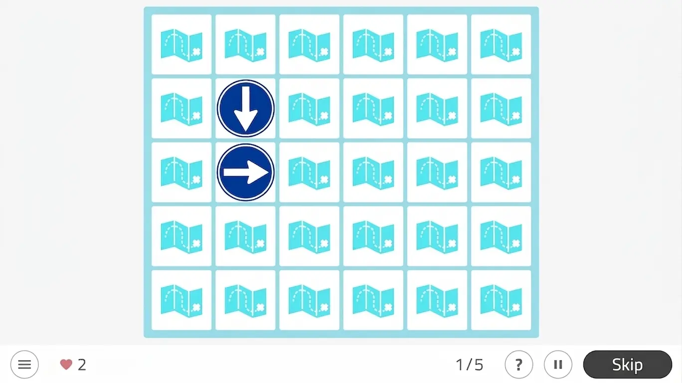 NeuronUP Find the Monument interface: map- or book-like icons, blue arrows in the center, progress, and Skip.