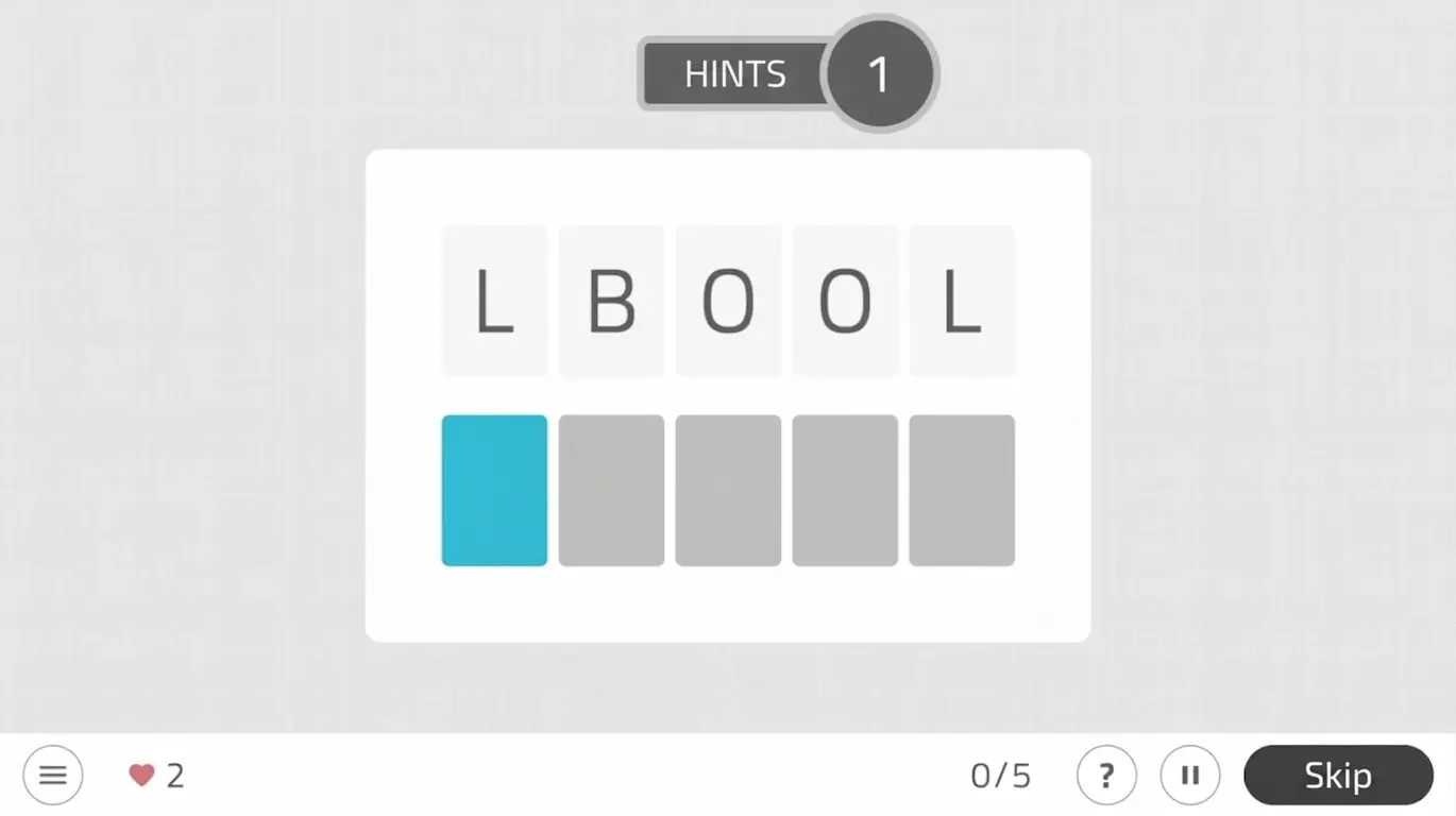 NeuronUP Word Scramble interface: letters at the top, blank boxes, hint icons, an attempt heart, and Skip.