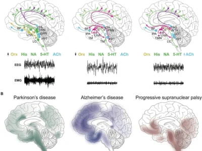 Neural networks involved in sleep-wake cycle regulation and the distribution of pathology in different neurodegenerative diseases.