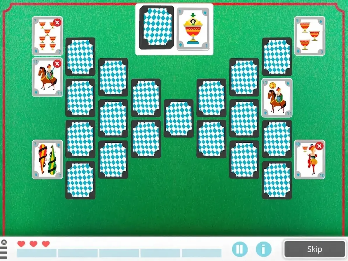 Memory cards arranged in a pyramid on a green background; rows of face-down cards, with jump icons and a heart counter around them in an interactive design.