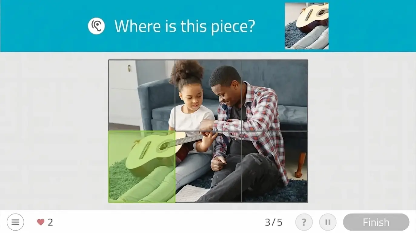 Puzzle in progress with a child and an adult; connected pieces, a guitar, and the question 'Where is this piece?' are visible.