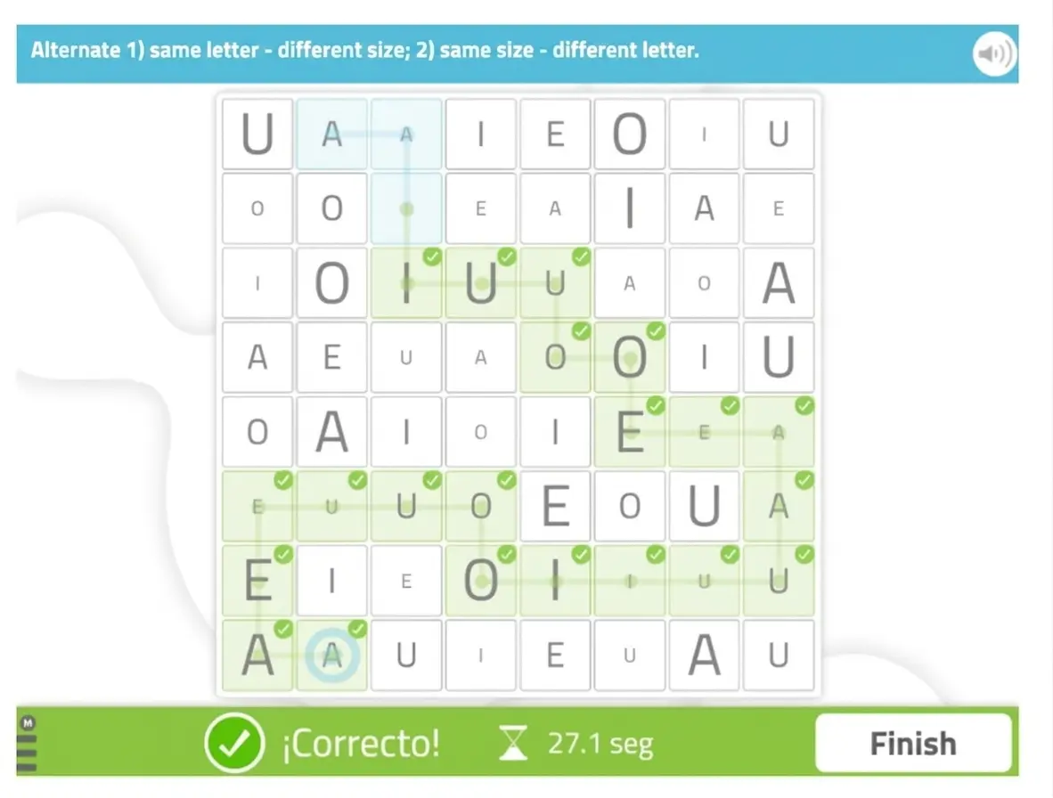 Grid maze with the letters A, E, I, O, and U distributed throughout; arrows and alternating instructions for solving it, a timer, and a success message.