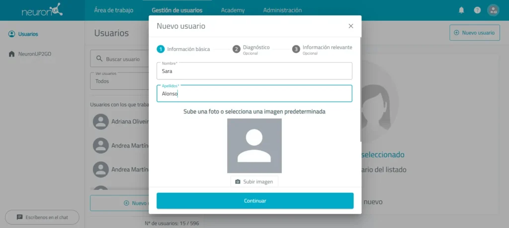 NeuronUP New patient window with the first and last name fields and the option to upload a profile photo.