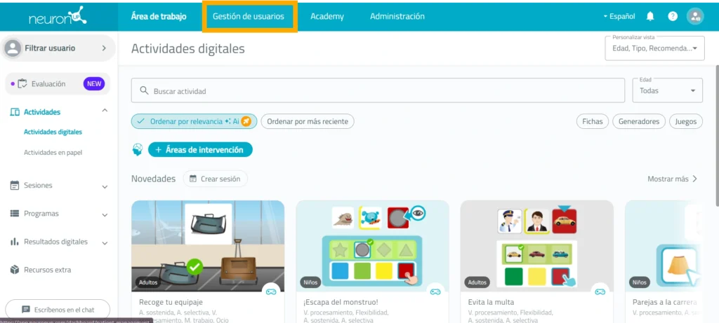 NeuronUP platform with the Patient management tab highlighted in the top menu.
