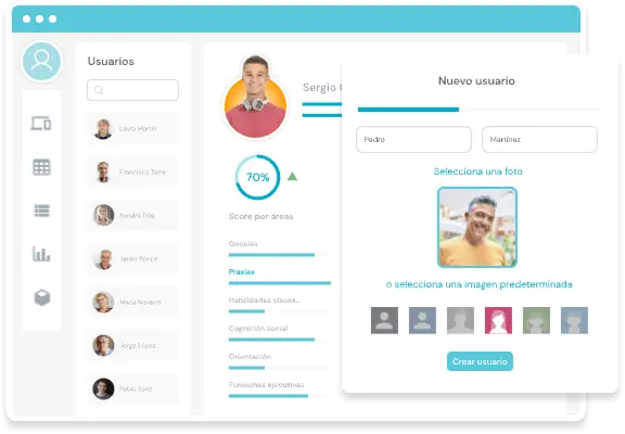 NeuronUP interface showing the patient list, a patient profile with their score by cognitive area, and the window for creating a new patient.