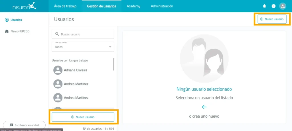NeuronUP Patients screen with the New patient button highlighted at the top right and on the left side.