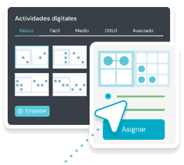 Digital activities interface with levels from Basic to Advanced, assignment, and exercise grid in a minimalist design