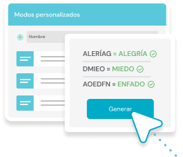 Software interface for generating modes: panel with three rows for entering words and emotions; Generate button and cursor ready.