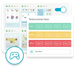 Educational game interface with level thumbnails, phase and difficulty selector; game icon at the bottom.