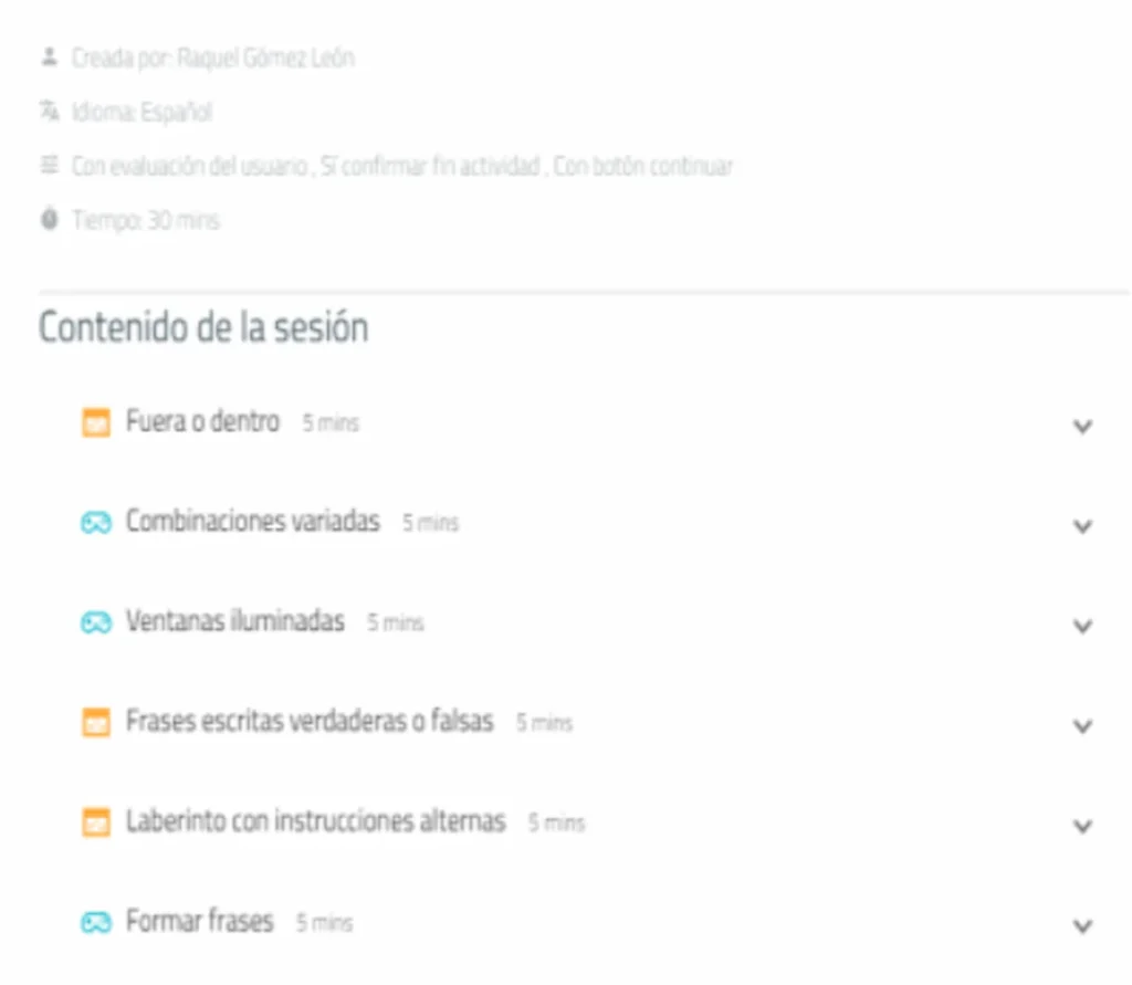 Interface of the second NeuronUP session at Abriendo Puertas: list of session content and a duration of 30 minutes.