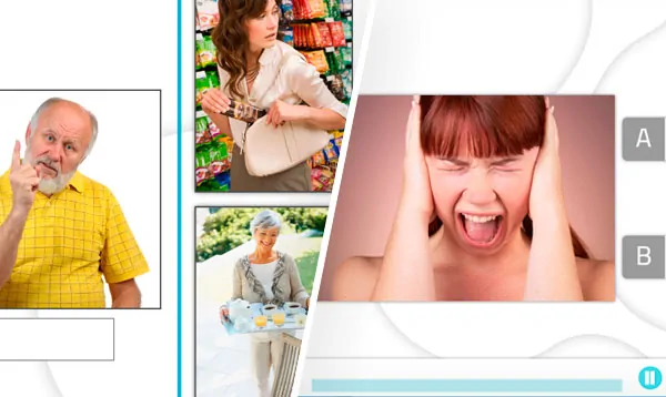 Set of images in two sections: on the left, three people; on the right, a frustrated young woman covering her ears.